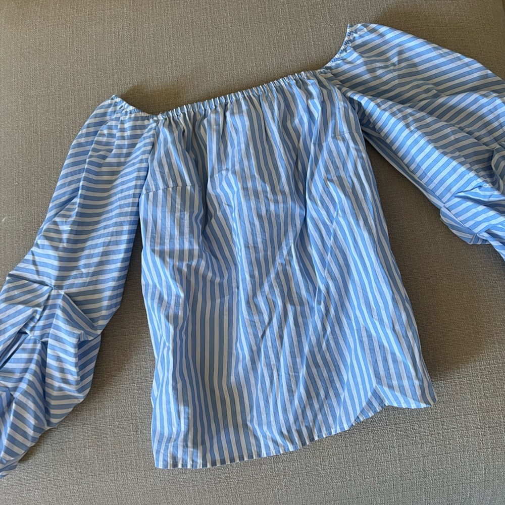 Petersyn Blue & White Vertical Stripe Off-Shoulder Top